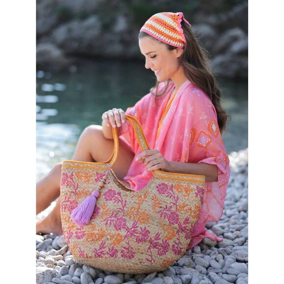 Shiraleah Graziella Floral Jute Tote Tassel Resort Beach Bag NWT main image 1